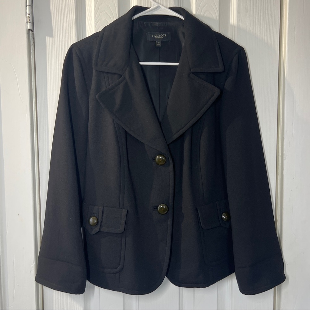 Talbots Womens Blazer Wool Size 12 Black Button Up Lined Jacket Career Office